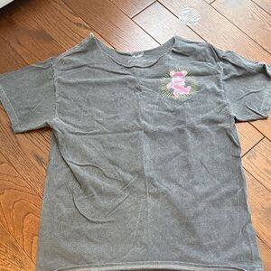 off the shoulder washed grey tee with pink bear graphic